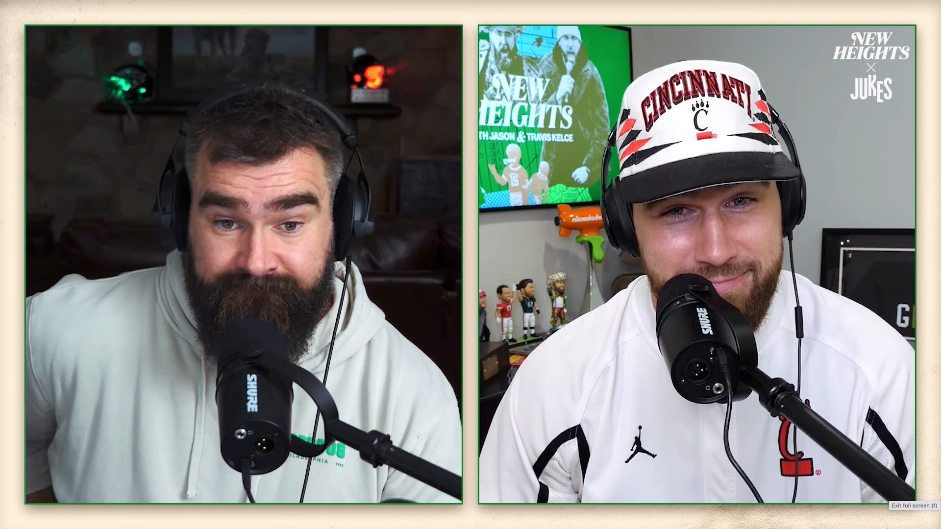 Jason and Travis Kelce speak on an episode of their podcast.