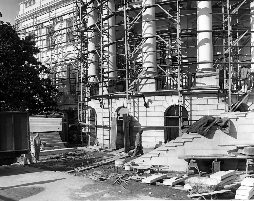 Construction workers outside the White House in 1950.