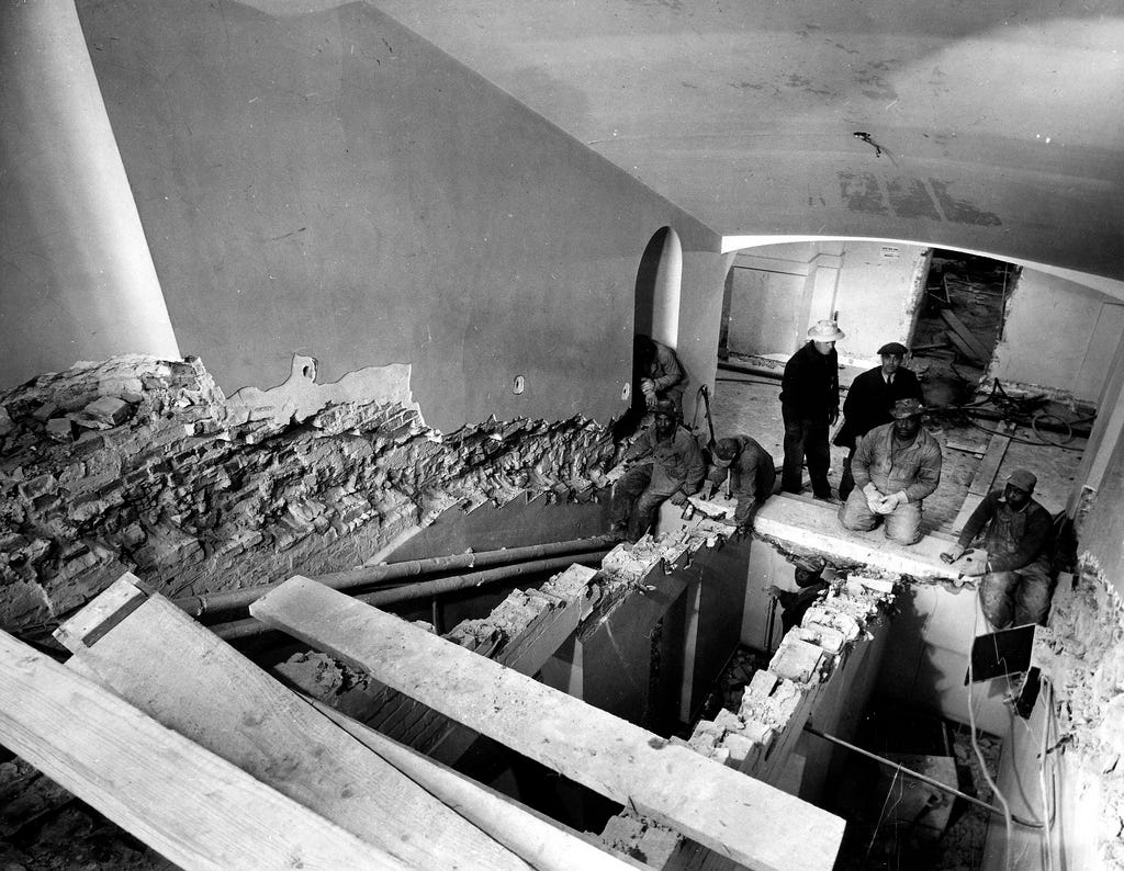 Stairs in the White House during the Truman renovation.