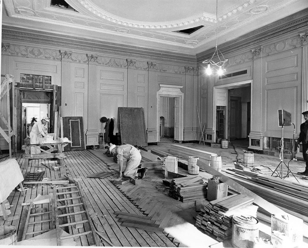 The State Dining Room during the Truman renovation.