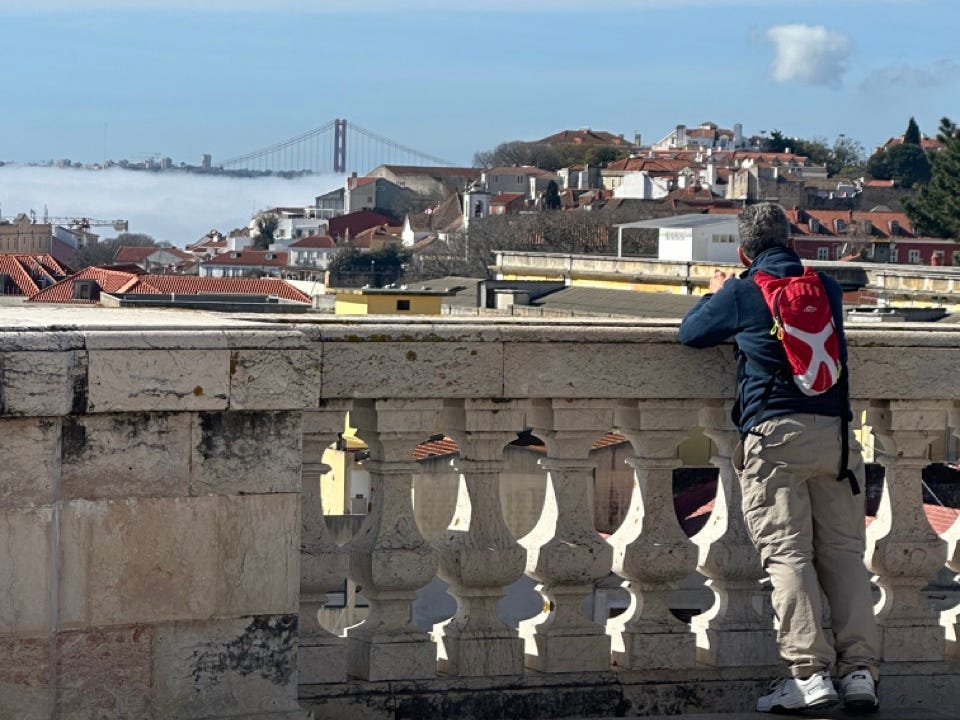 Man looking over stone railing at Lisbon