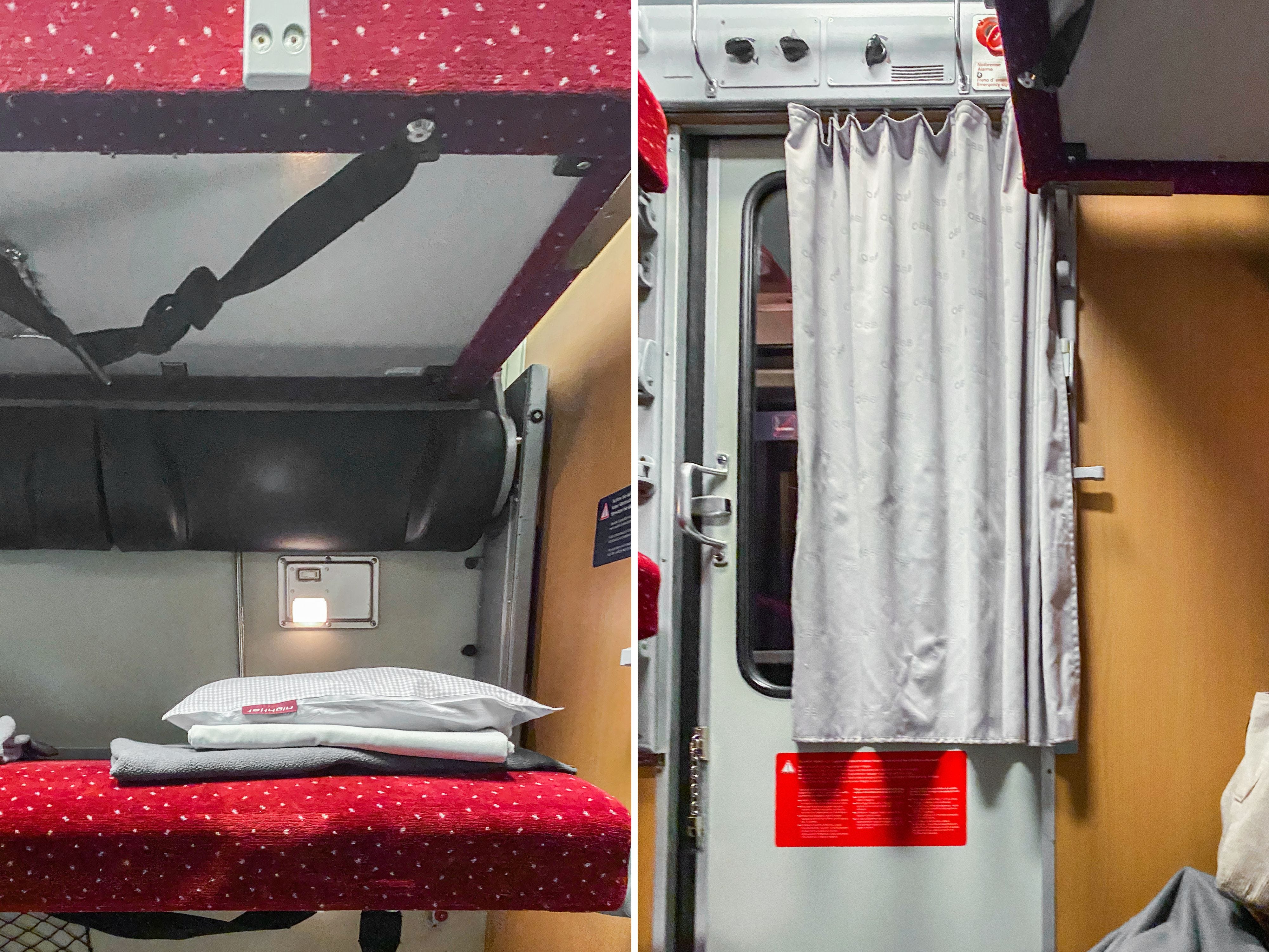 A composite image of red bunks and the door in the shared sleeper cabin