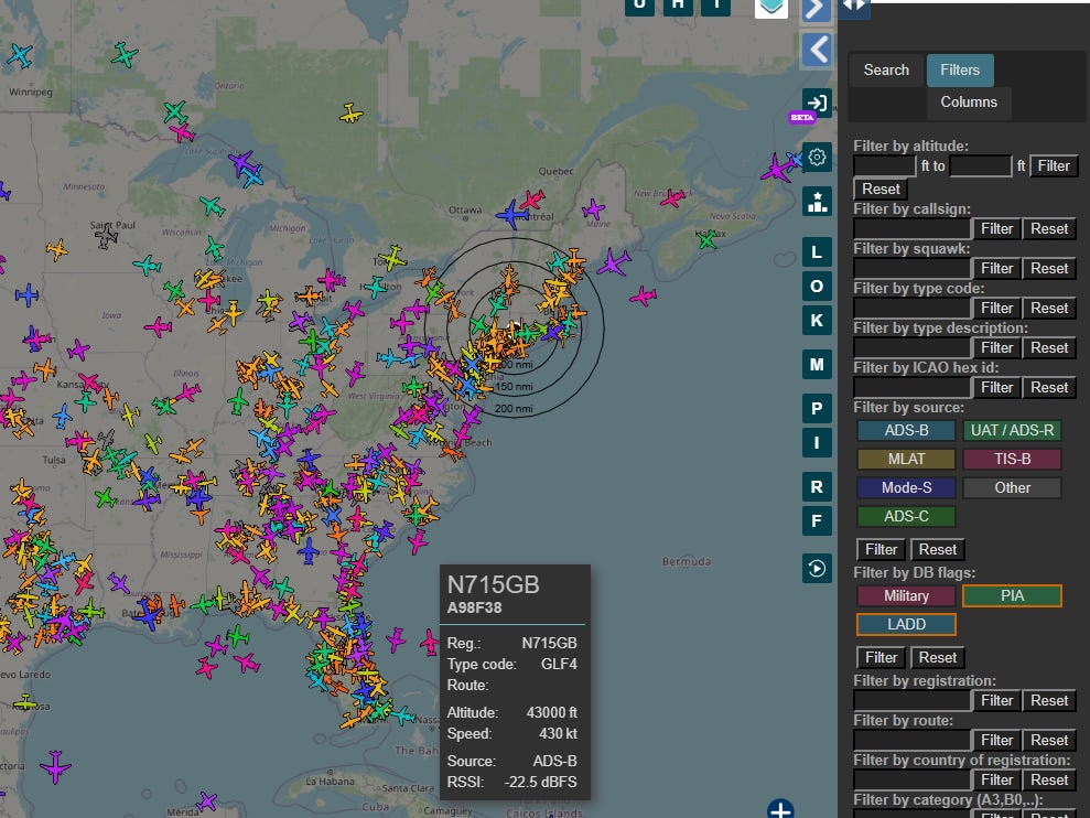 A screenshot of ADS-B Exchange website.