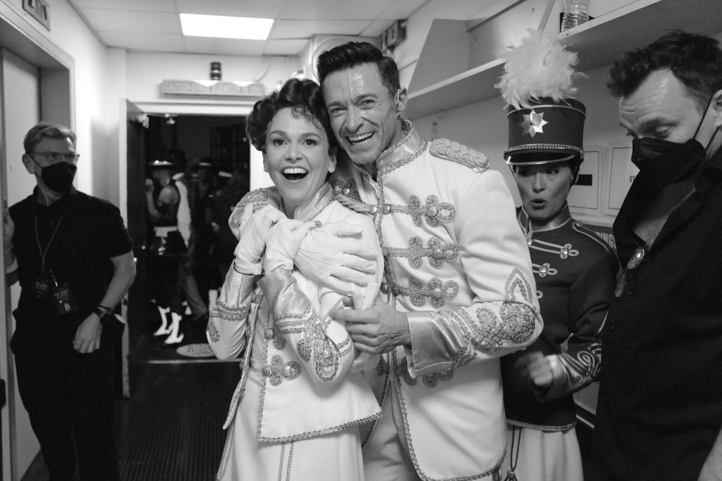 Sutton Foster and Hugh Jackman backstage at the 75th Annual Tony Awards.