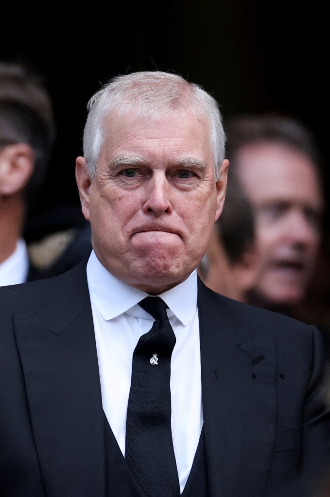 Prince Andrew at the funeral of Katharine, Duchess of Kent, wearing a black suit, white shirt and black tie.
