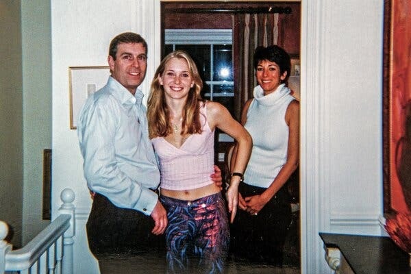 Photograph showing Prince Andrew, Virginia Roberts Giuffre, and Ghislaine Maxwell. Andrew in a blue shirt and dark pants, Virginia Guiffre in a pin top and pink pants, Ghislaine Maxwell in a white turtleneck and dark pants.