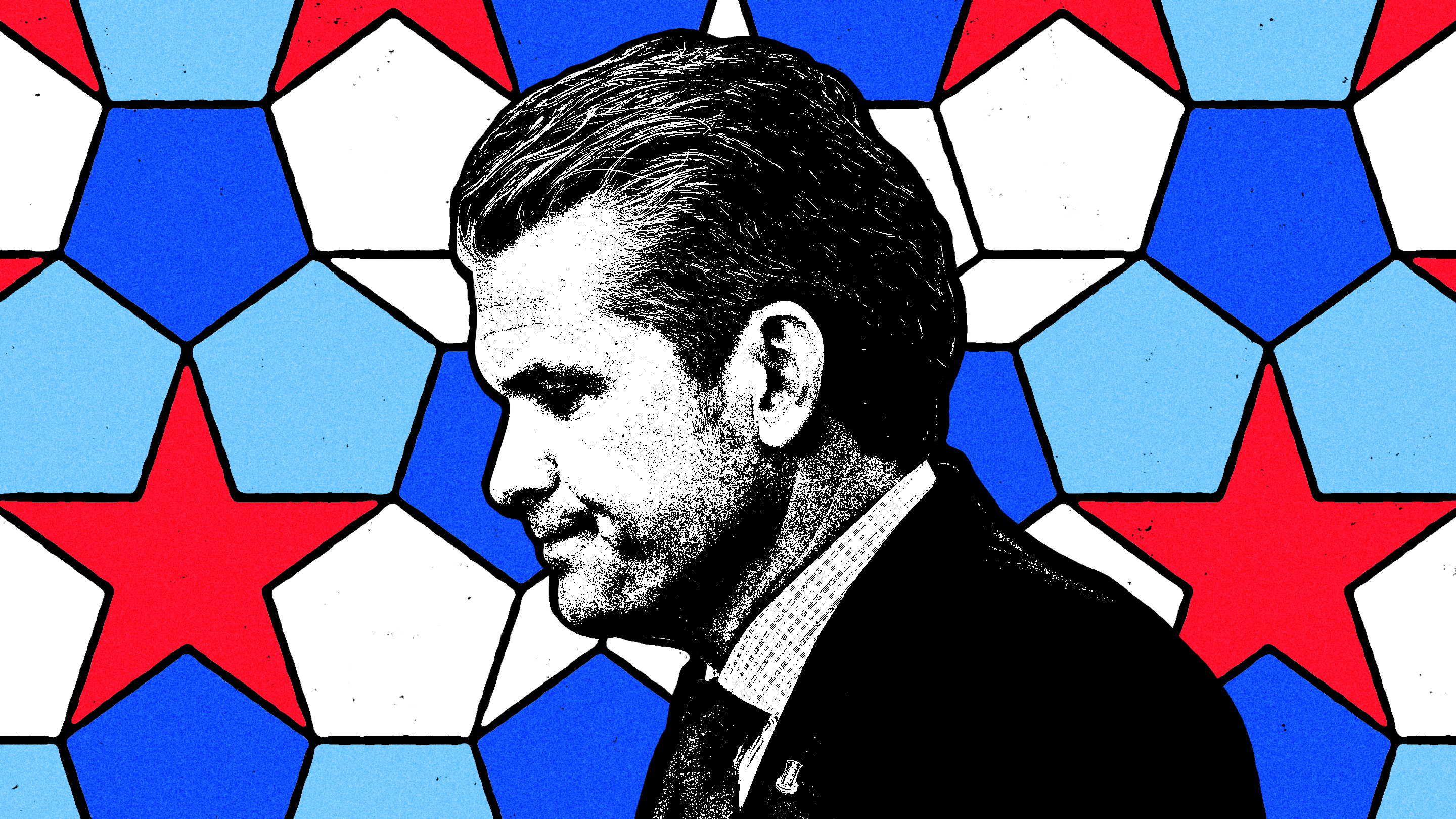 A photo-illustration of Pete Hegseth in front of red-white-and-blue stained glass, including some shaped like pentagons.