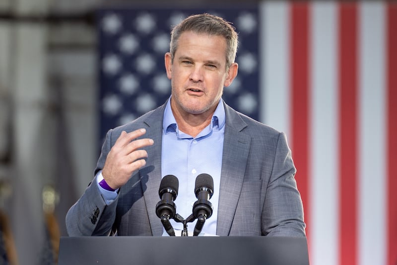 Former Congressman Adam Kinzinger (R-IL) speaks in support of Kamala Harris at her presidential campaign rally in Washington Crossing, Pennsylvania, United States, on October 16, 2024.