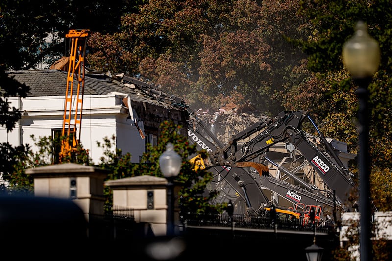The facade of the East Wing of the White House is demolished by work crews on October 21, 2025 in Washington, DC. The demolition is part of U.S. President Donald Trump's plan to build a ballroom reportedly costing $250 million on the eastern side of the White House.