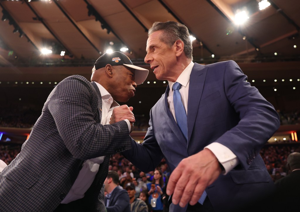 New York Mayor Eric Adams greets Independent candidate former New York Gov. Andrew Cuomo at Madison Square Garden.