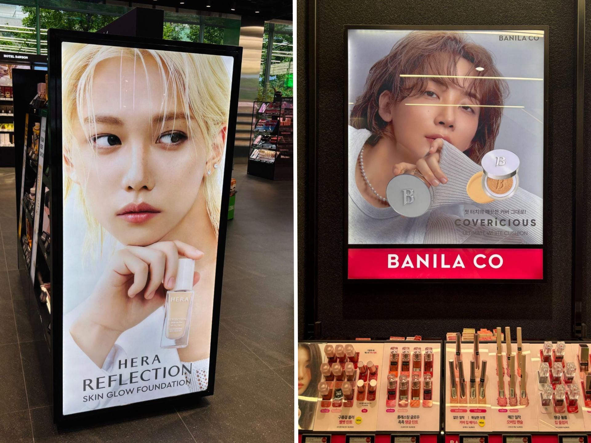 A composite image of two celebrity-featured displays at Olive Young.