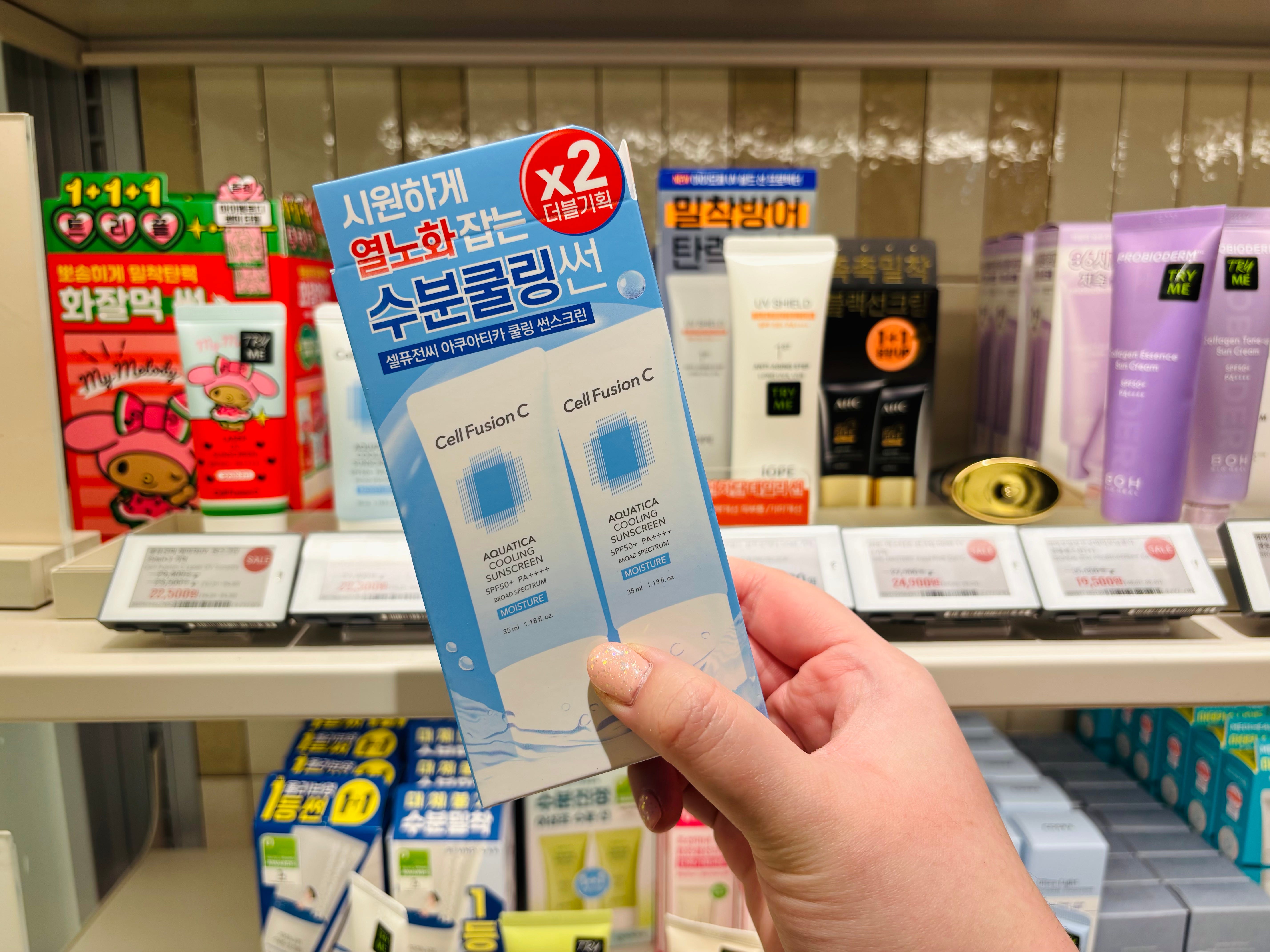 An image of Cell Fusion C sunscreens at Olive Young.