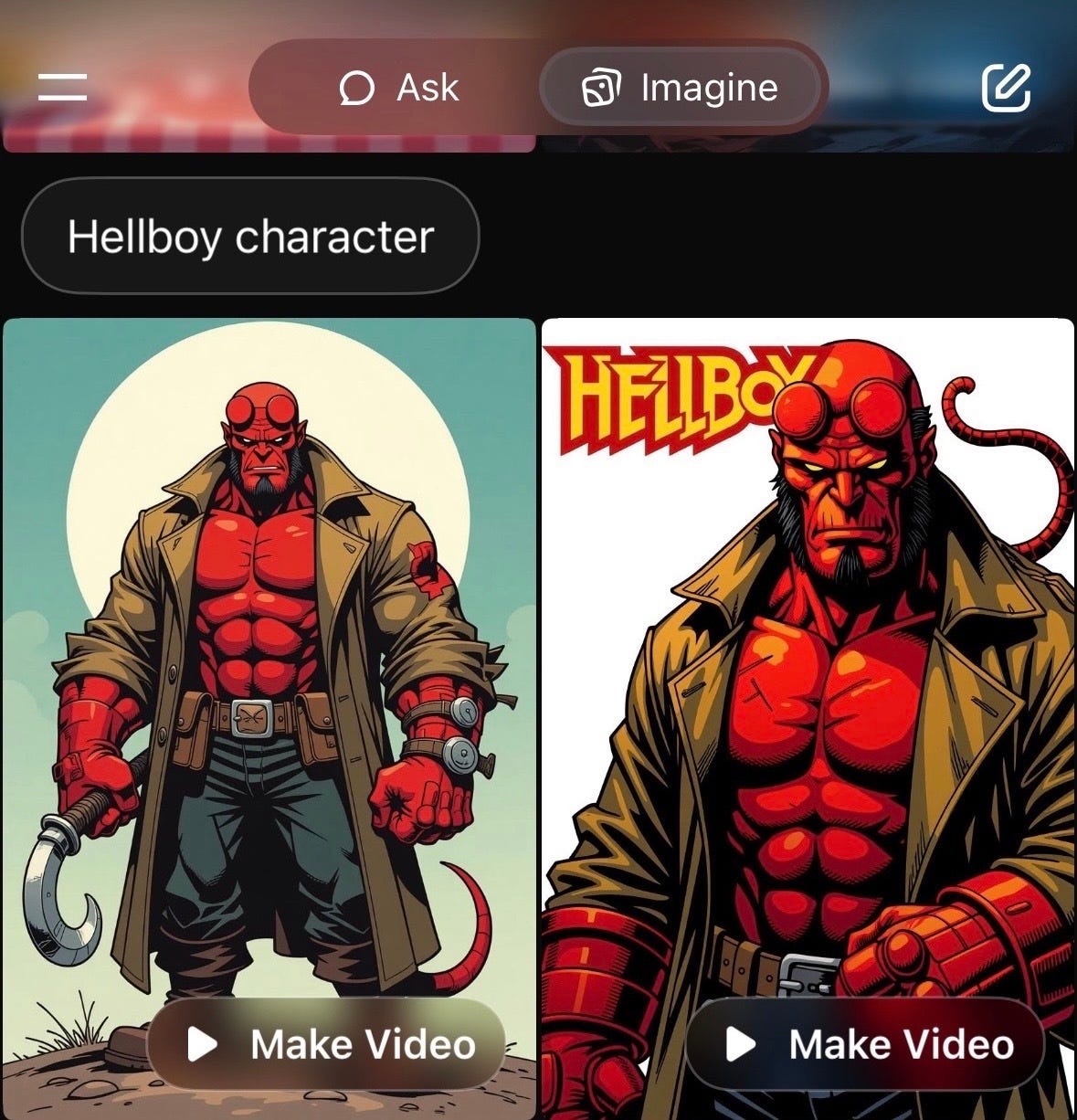 Grok Imagine created multiple images of Hellboy when prompted.