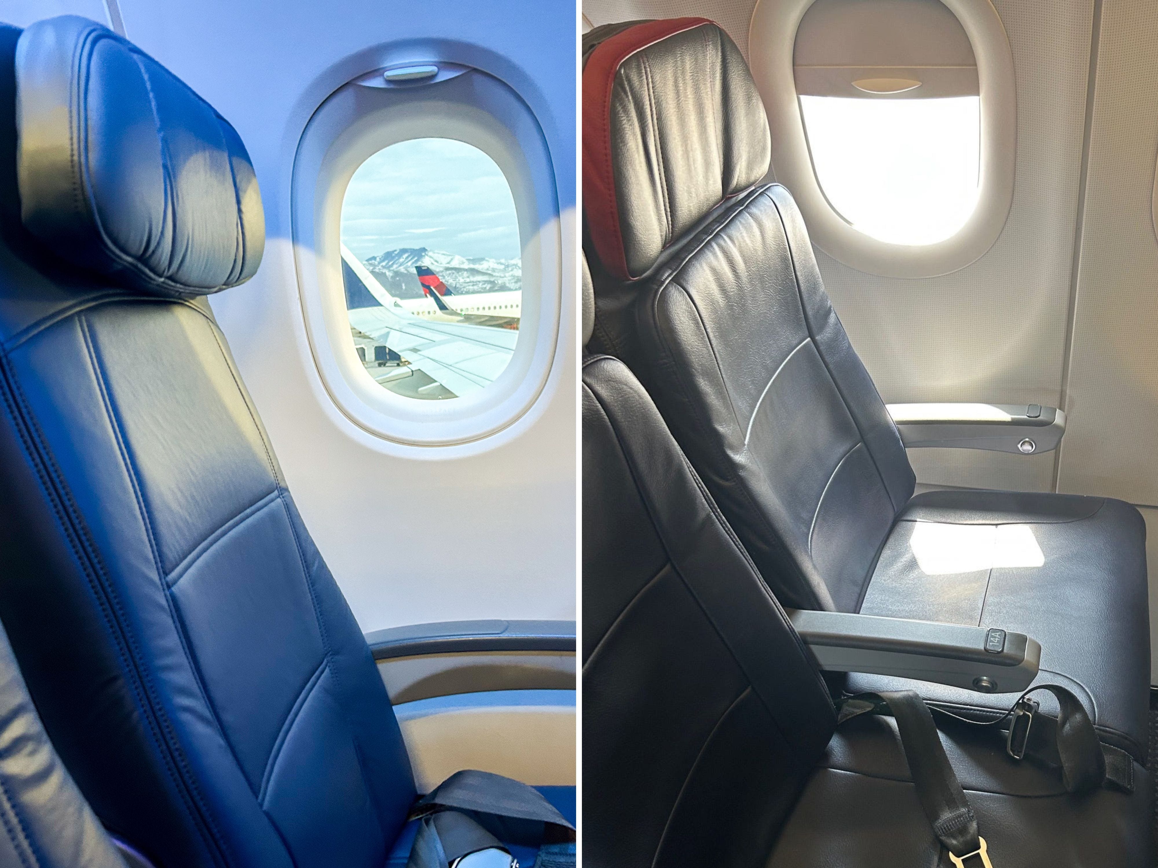 A composite image of Delta and American window seats in basic economy
