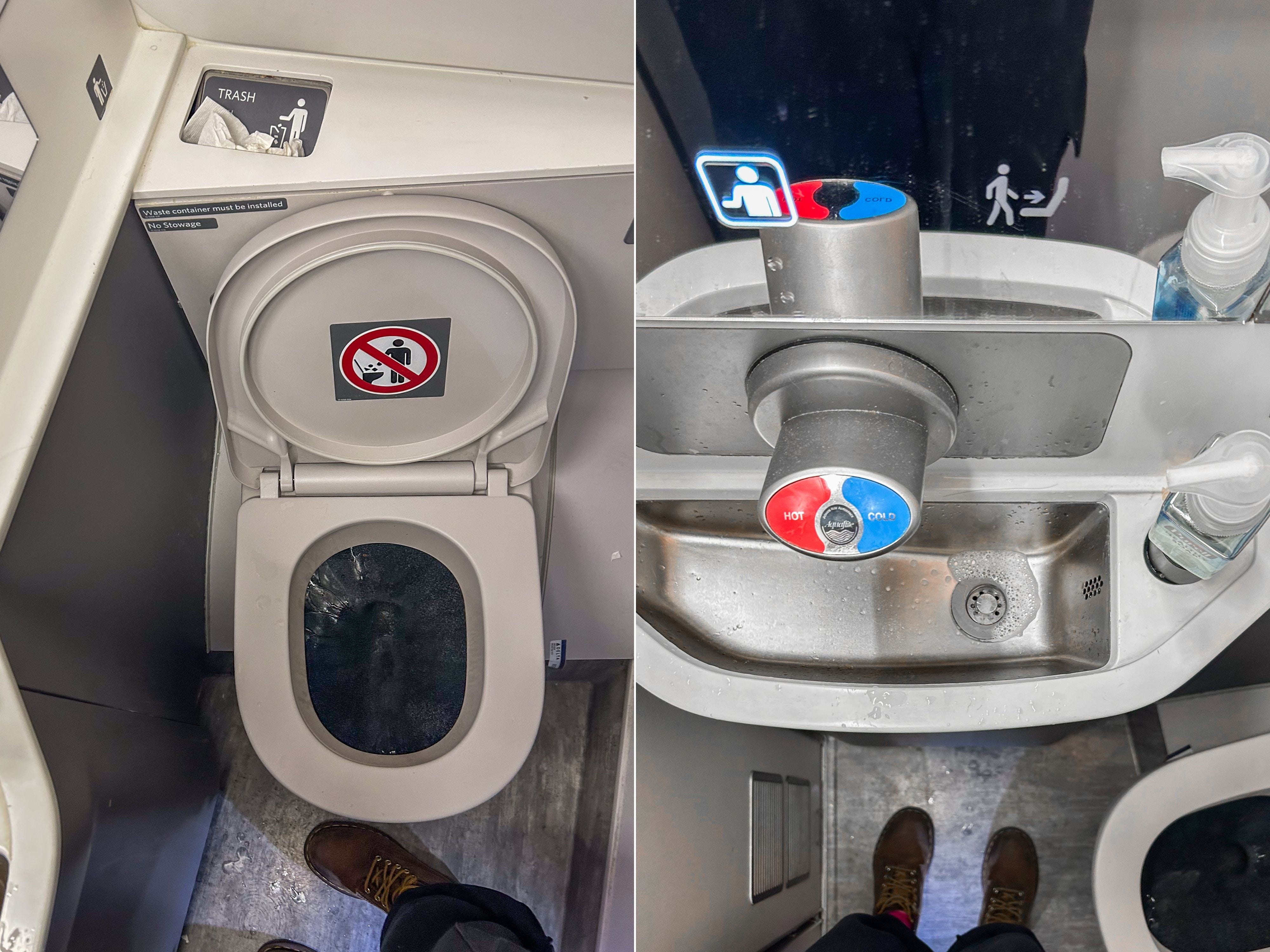 A composite image of a toilet and sink in a plane bathroom