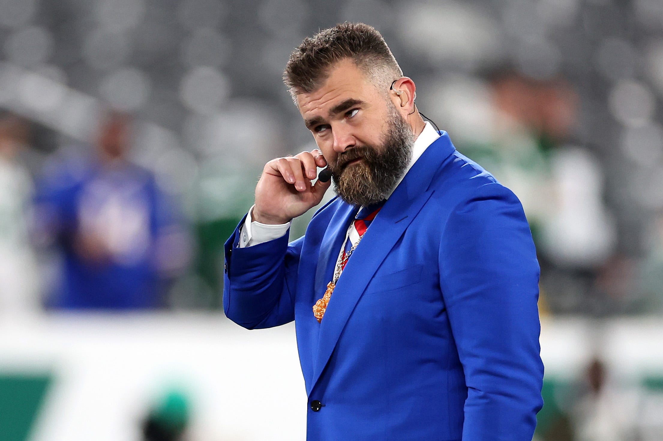 Jason Kelce looks on before the game between the New York Jets and the Buffalo Bills at MetLife Stadium on October 14, 2024 in East Rutherford, New Jersey.