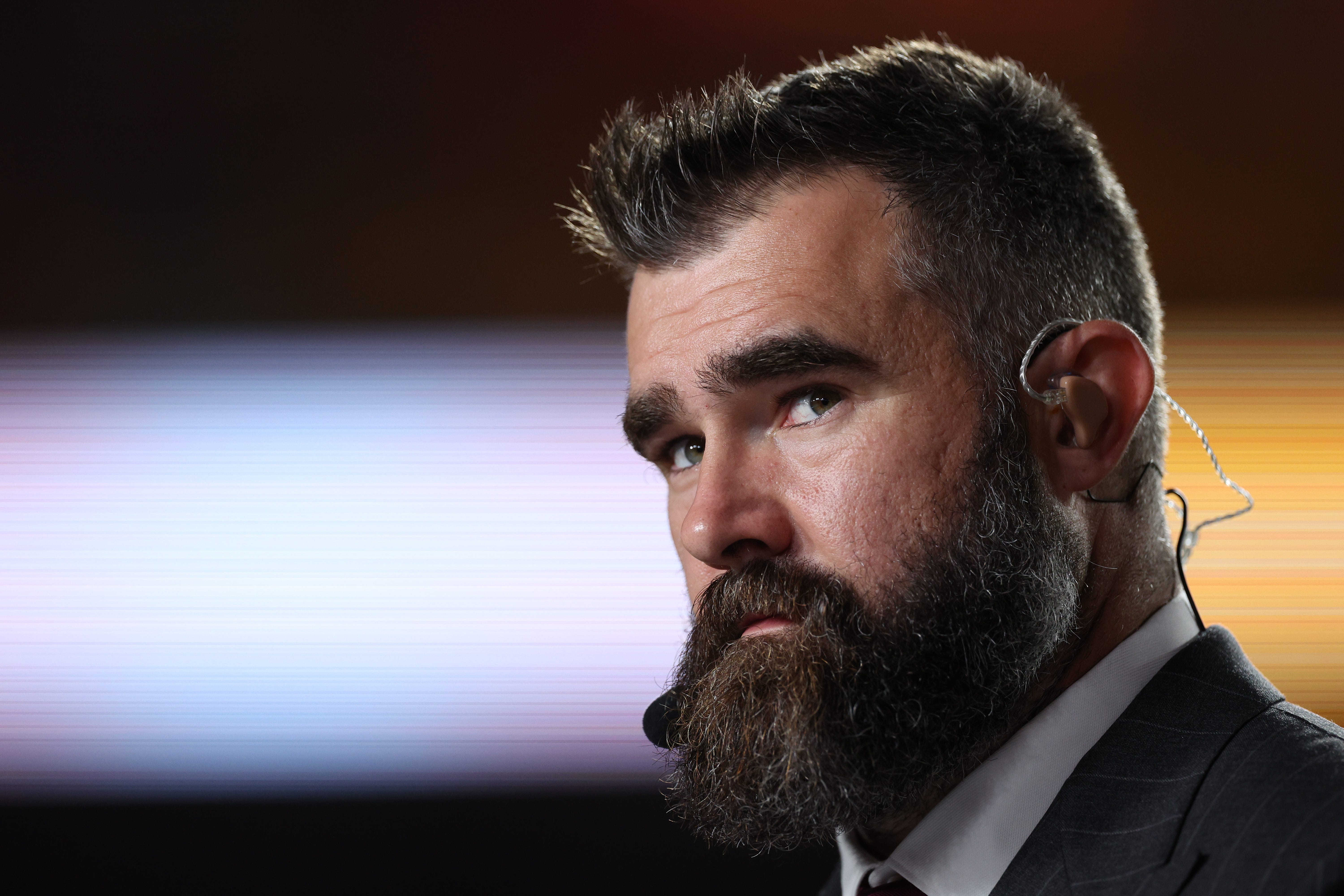 Former professional football player and ESPN broadcaster Jason Kelce looks on before the game in Kansas City, Missouri on November 4, 2024.