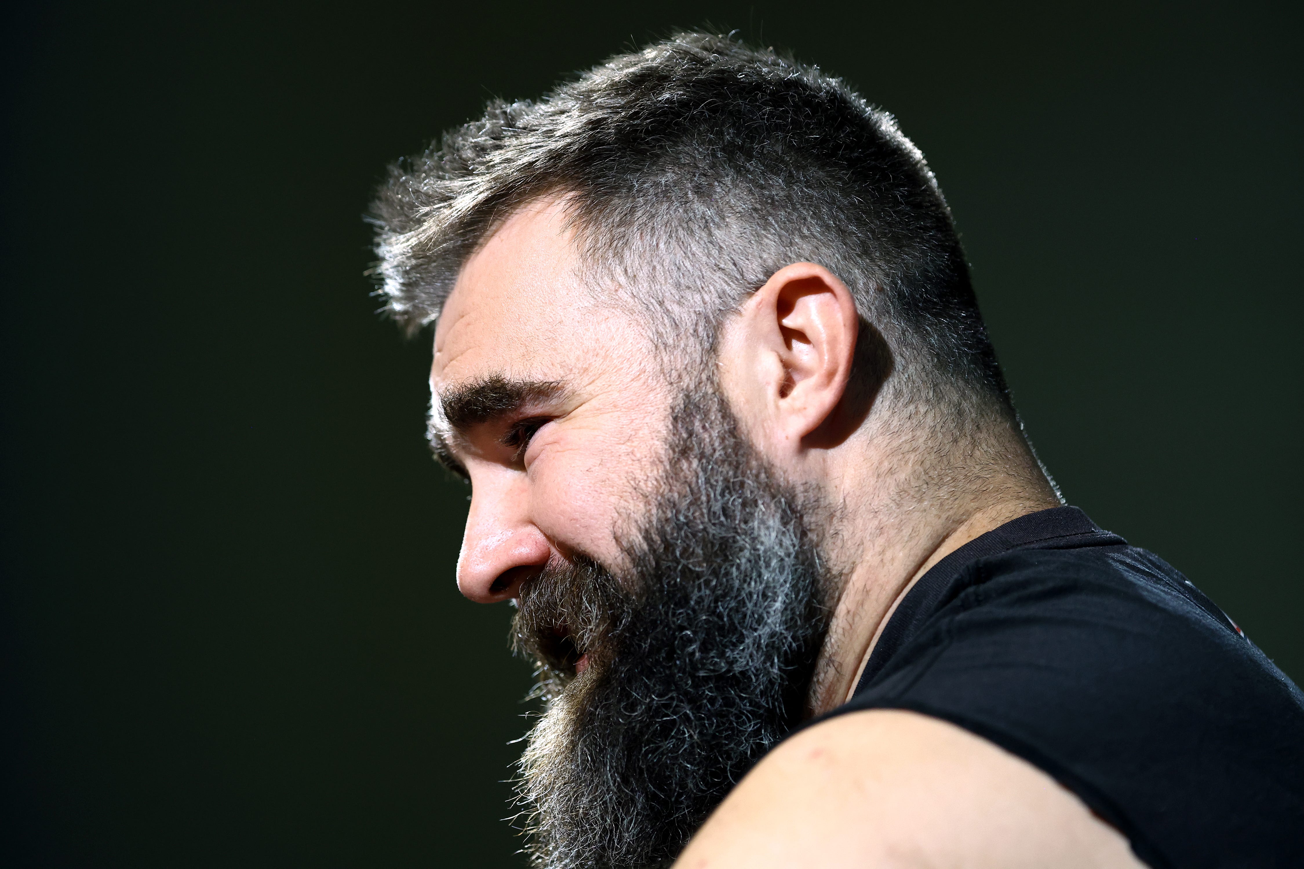 Jason Kelce reacts after announcing his retirement from the NFL at NovaCare Complex on March 04, 2024 in Philadelphia, Pennsylvania.