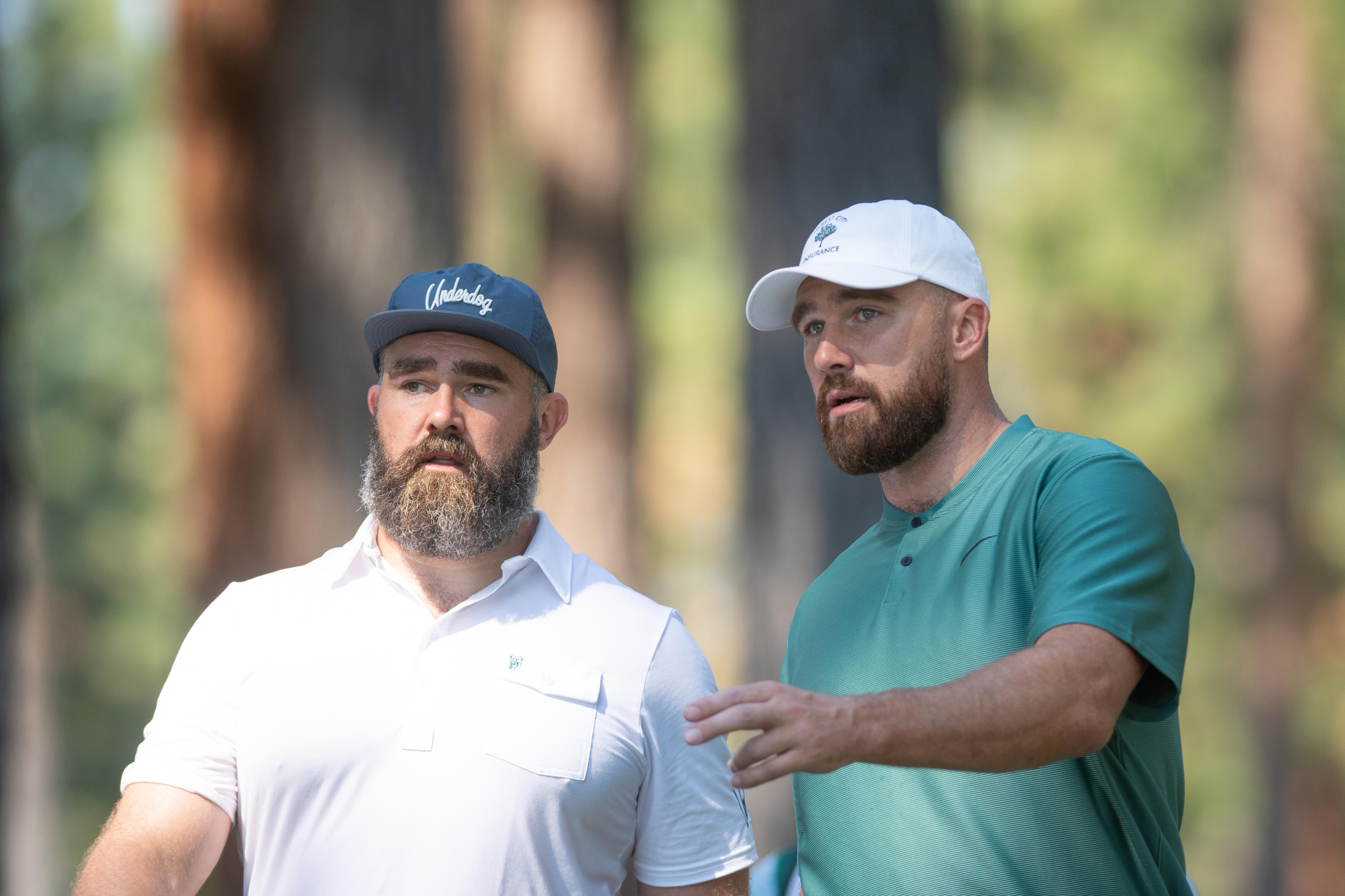 Jason Kelce and Travis Kelce attend the ACC Celebrity Golf Championship in July 2024.