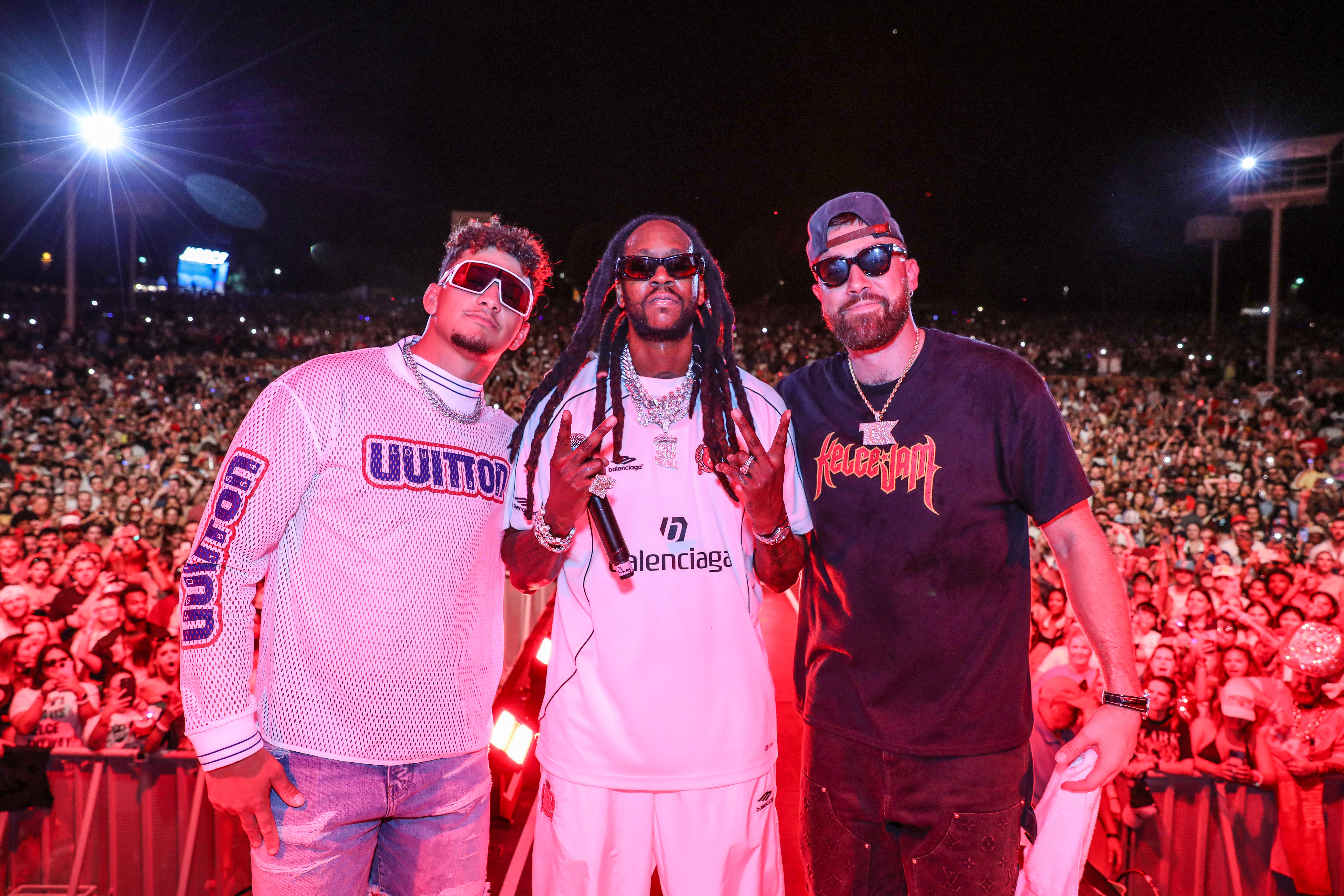 Patrick Mahomes, 2 Chainz and Travis Kelce at 2024 Kelce Jam.