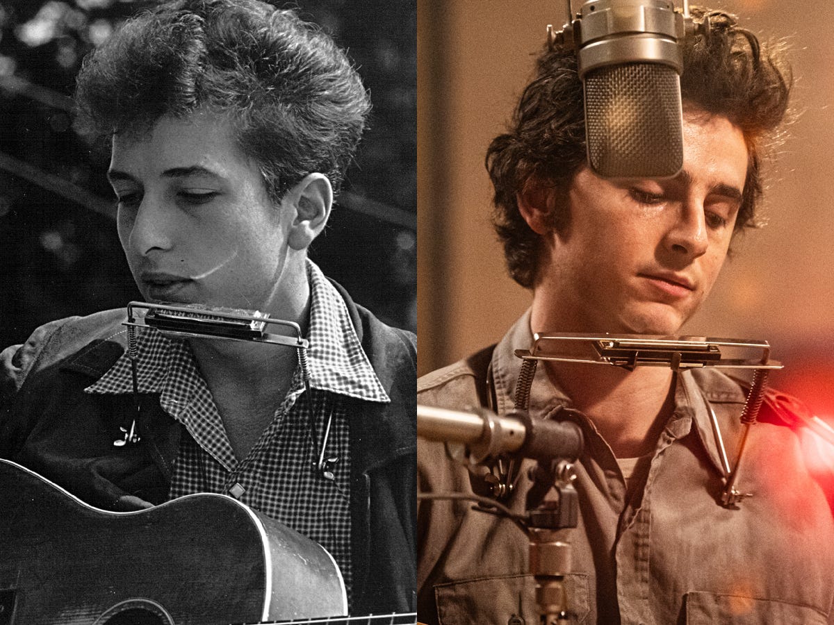 Bob Dylan, left, performing in August 1963, and Timothée Chalamet as Dylan in
