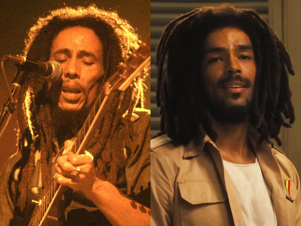 On the left: Bob Marley performing in 1978. On the right: Kingsley Ben-Adir as Marley in