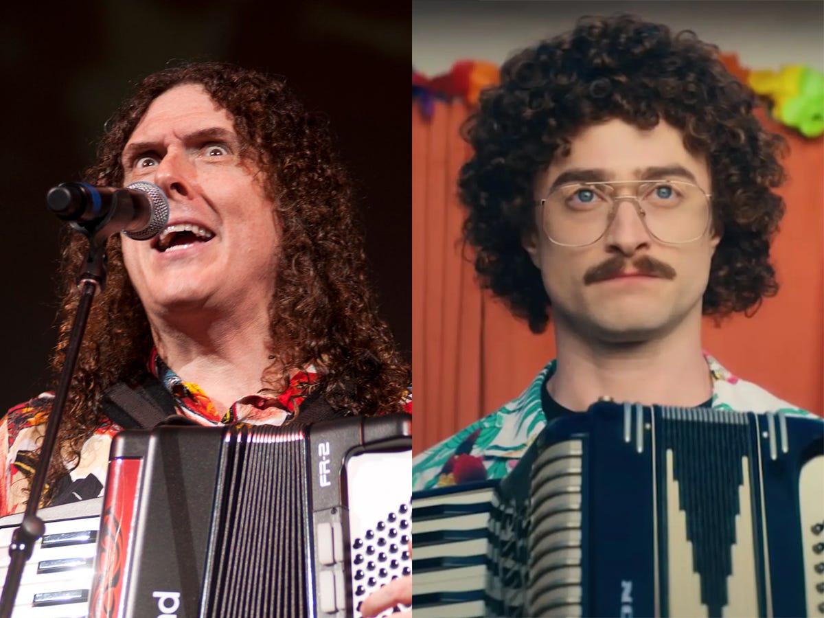 On the left: Weird Al Yankovic performing in 2010. On the right: Daniel Radcliffe as Yankovic in