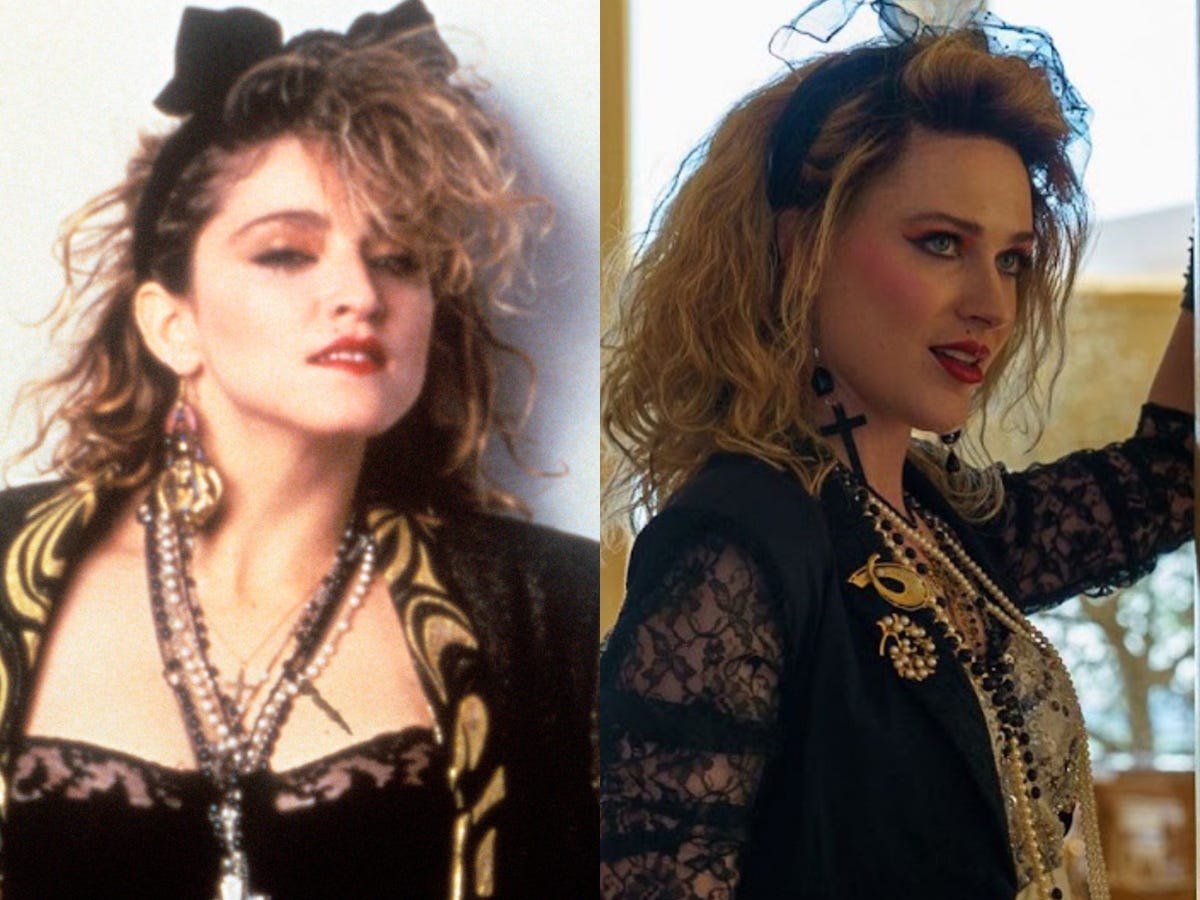 On the left: Madonna in 1985. On the right: Evan Rachel Wood as Madonna in