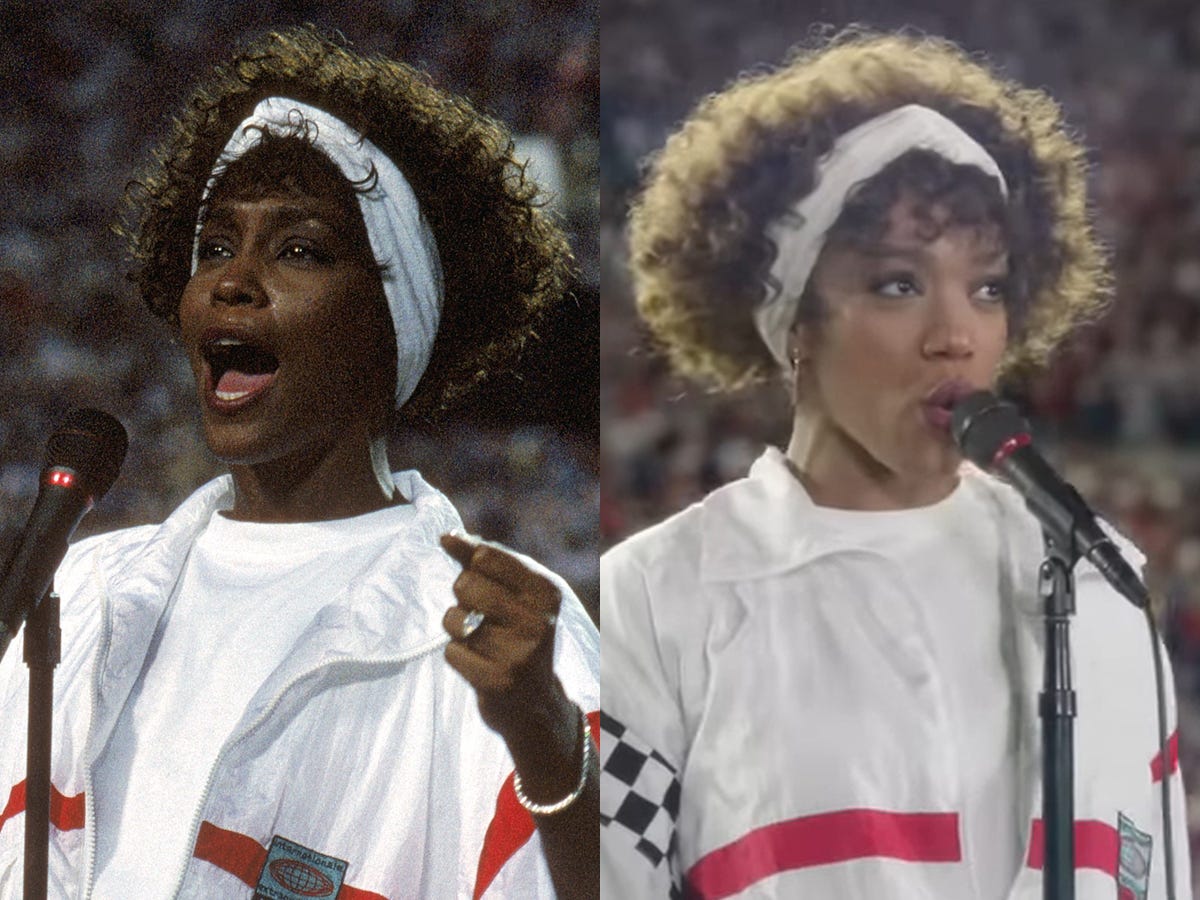 On the left: Whitney Houston singing the national anthem in 1991. On the right: Naomi Ackie recreating the moment in