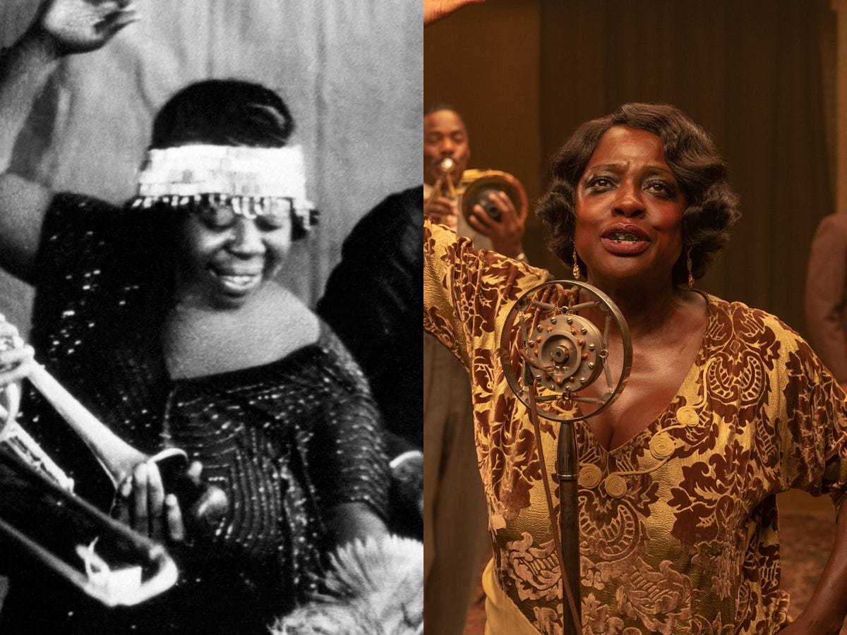 On the left: Ma Rainey in the 1920s. On the right: Viola Davis as Rainey in