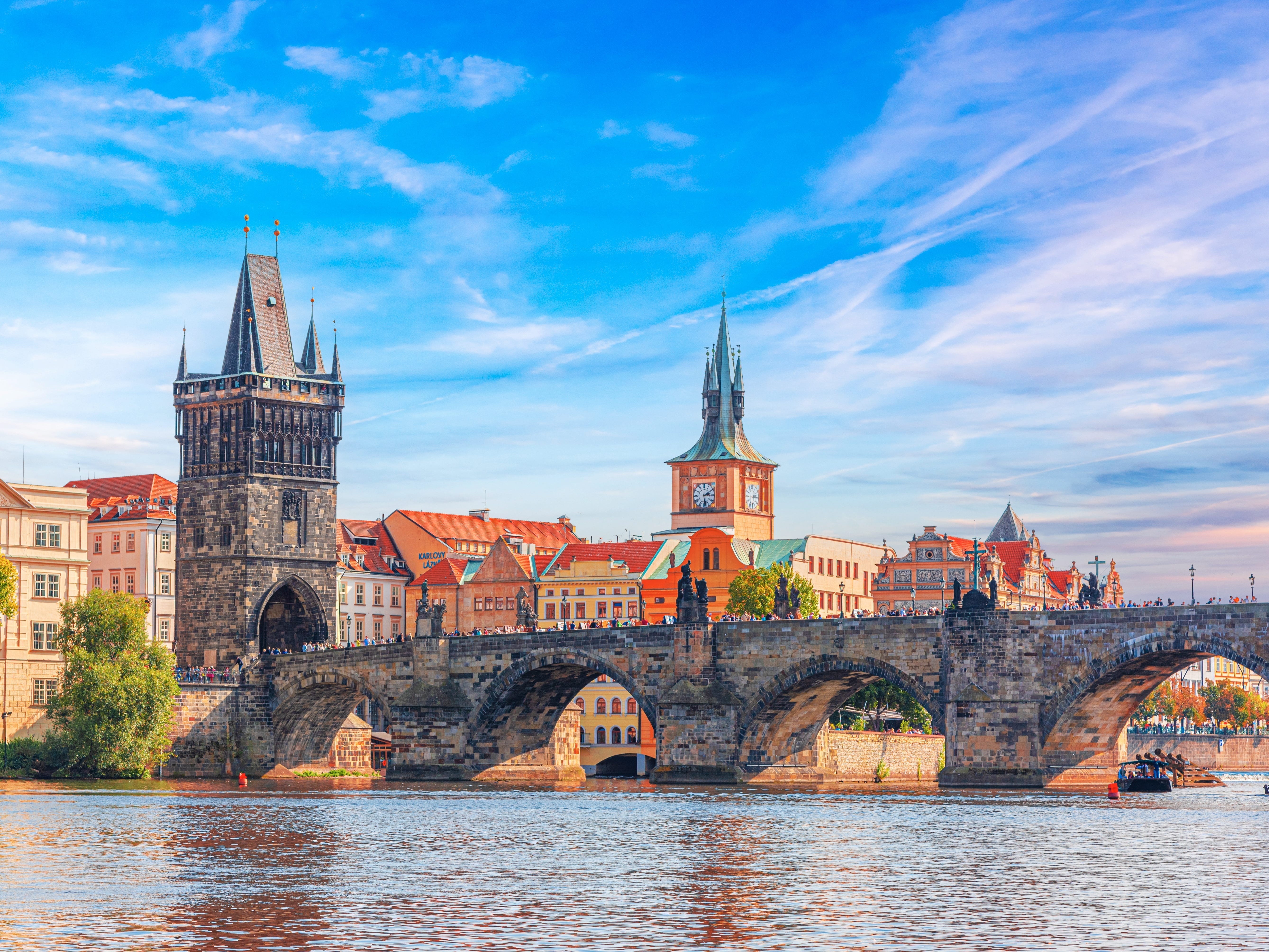 A wide shot of Charles Bridge in Prague.