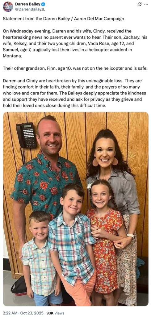 Zachary, Kelsey, Vada Rose, and Samuel, who died in a helicopter crash.