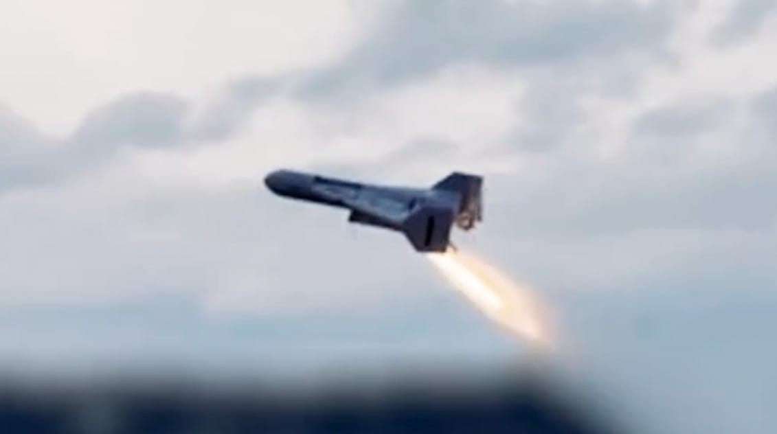 A long-range strike drone takes off from an undisclosed location.