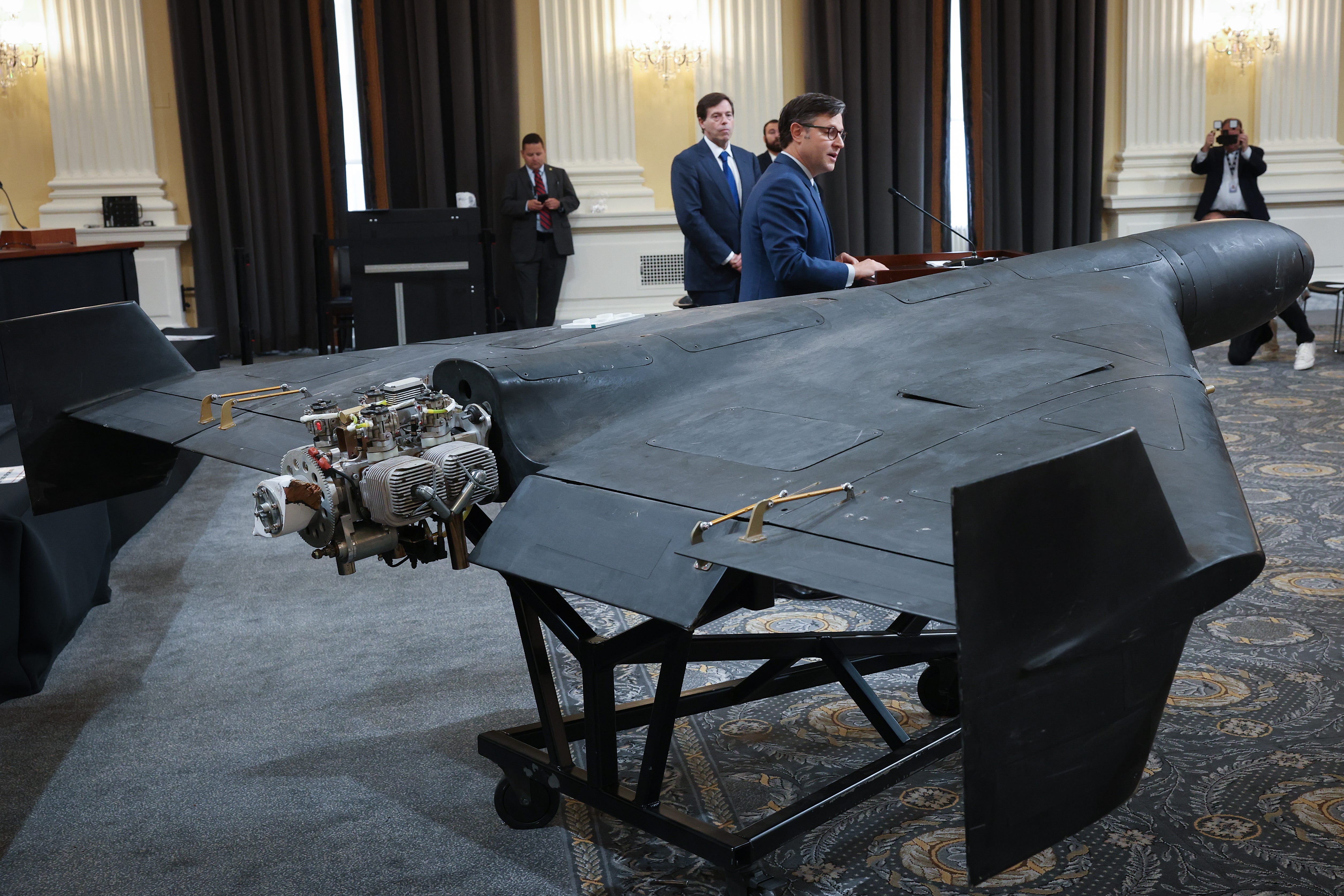 US Speaker of the House Mike Johnson (R-LA) delivers remarks next to a Shahed 136 military drone during a press conference on Capitol Hill May 8, 2025 in Washington, DC.