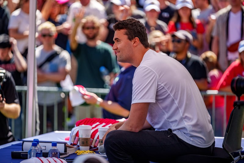 Charlie Kirk speaks at Utah Valley University on September 10, 2025 in Orem, Utah.