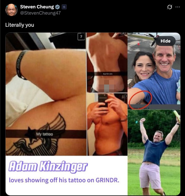 Collage of alleged semi-nude photos of Adam Kinzinger from Grindr, alongside photos of him with his wife and celebrating.