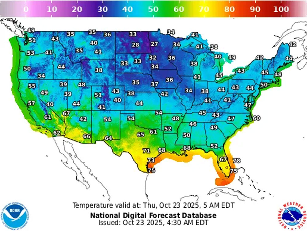 Temperature forecast map of the contiguous United States showing freezing temperatures across 10 states.