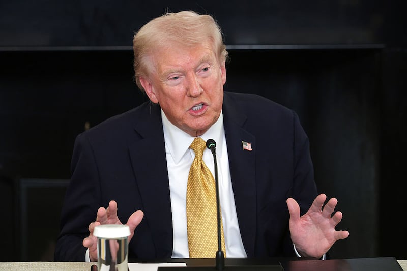 U.S. President Donald Trump delivers an announcement on his Homeland Security Task Force in the State Dining Room of the White House on October 23, 2025 in Washington, DC.
