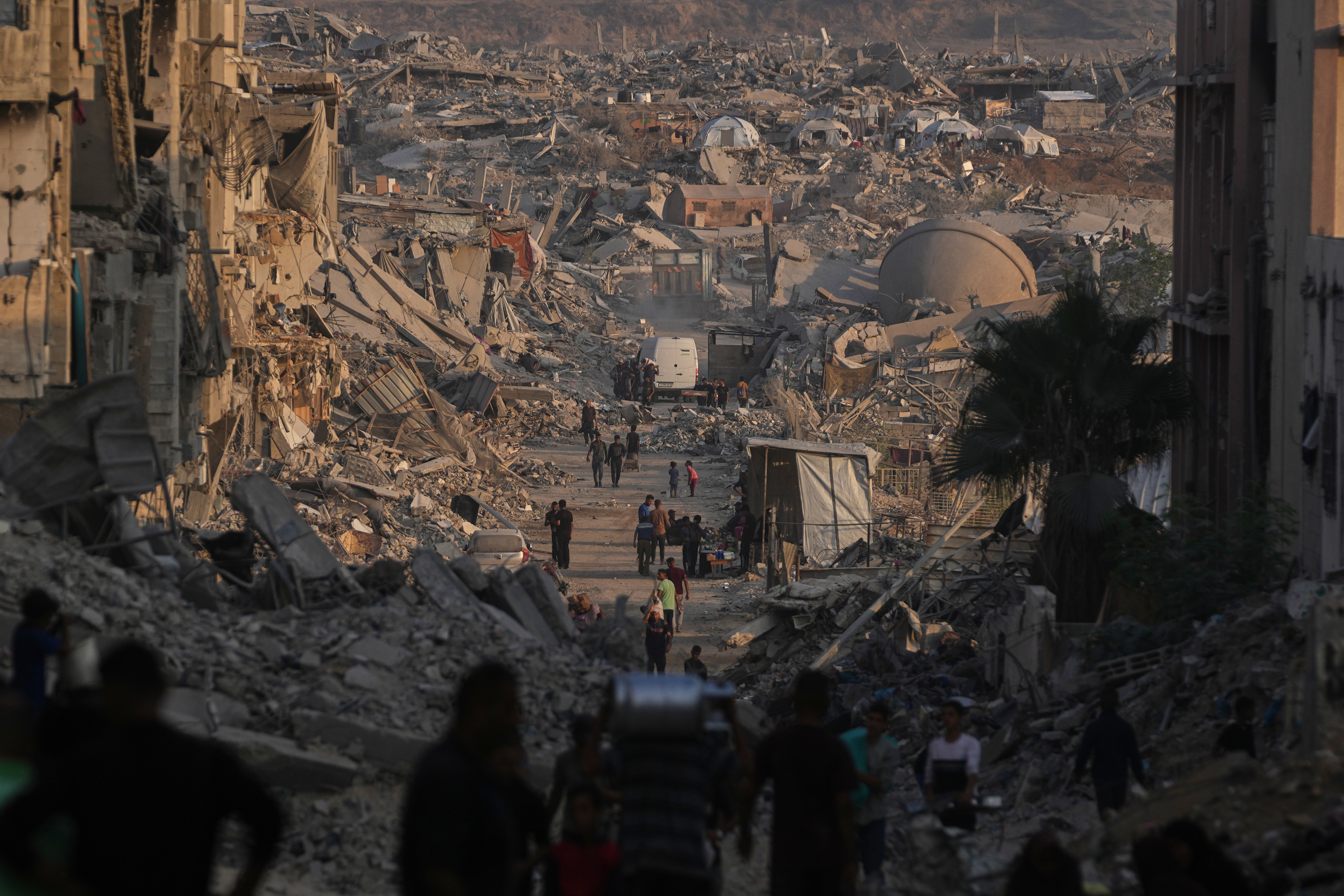 An elevated view of a vast area of ruins in Gaza.