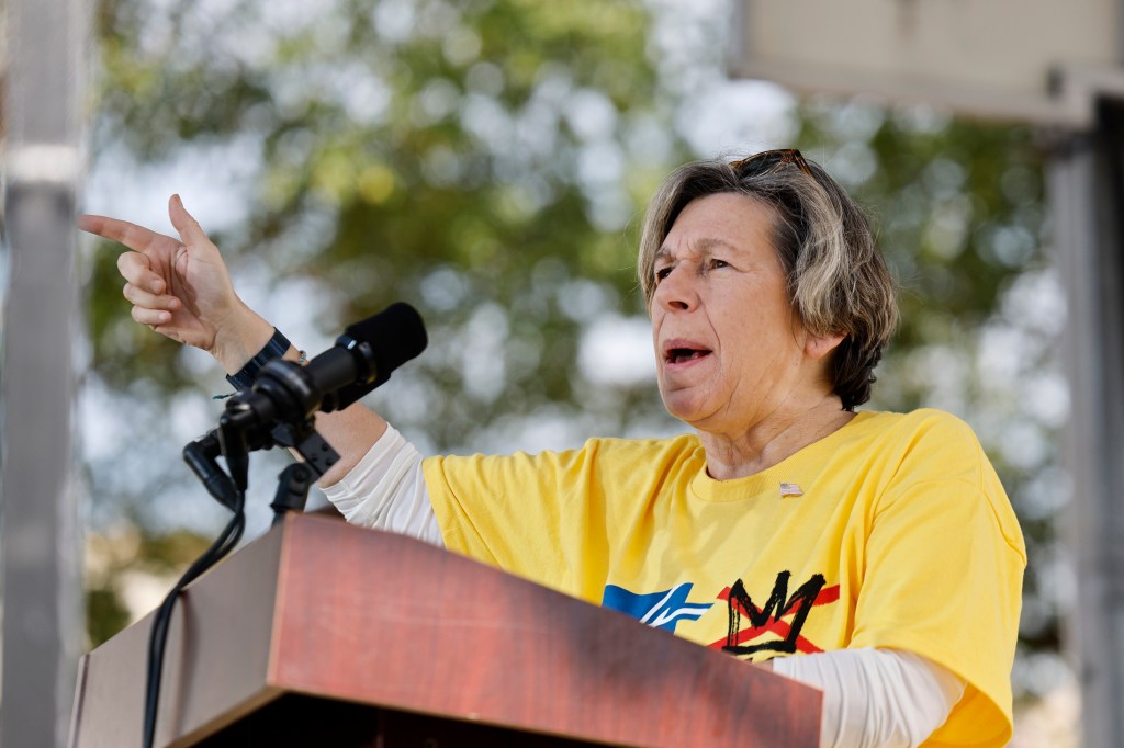 Randi Weingarten speaking onstage at the No Kings Rallies protest in Washington, DC.
