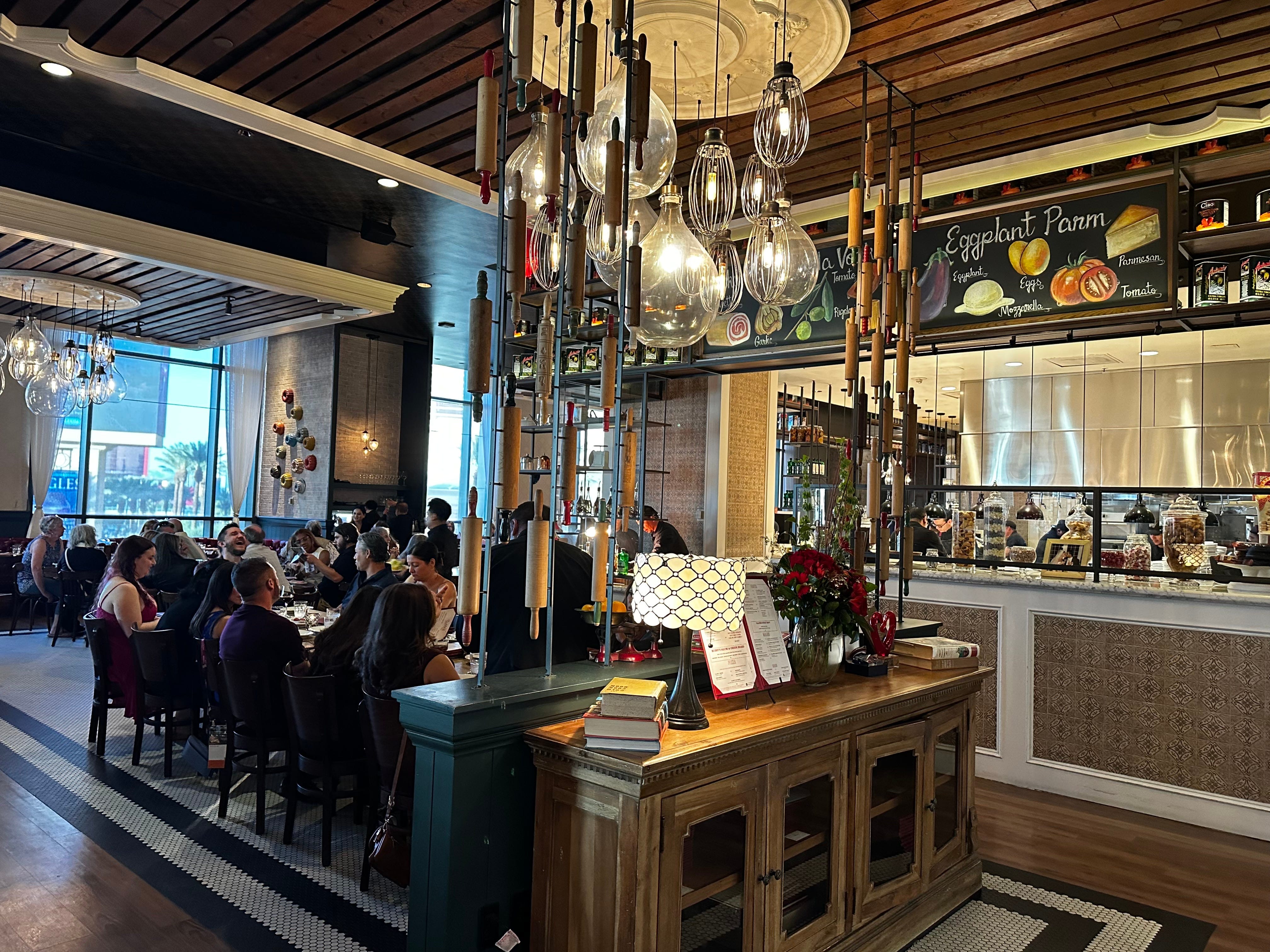 Buddy V's interior with wood ceiling, tables