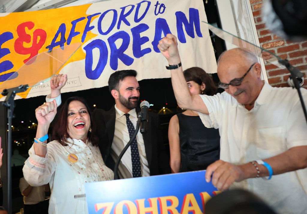 Mira Nair, Zohran Mamdani, Rama Duwaji, and Mahmood Mamdani celebrating Mamdani's primary victory.
