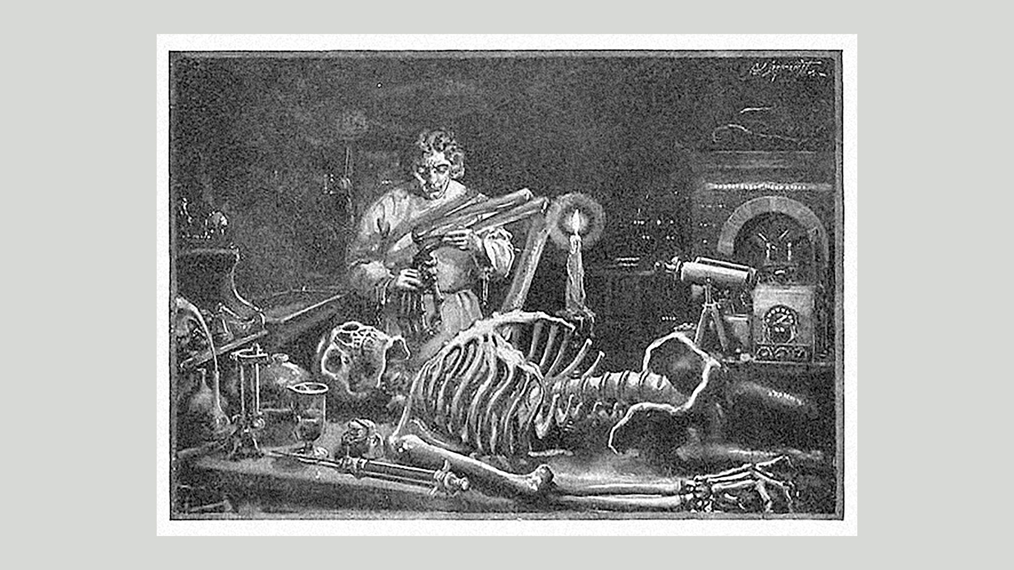 An old black and white illustration of a man working to reassemble a large human skeleton on a work table.