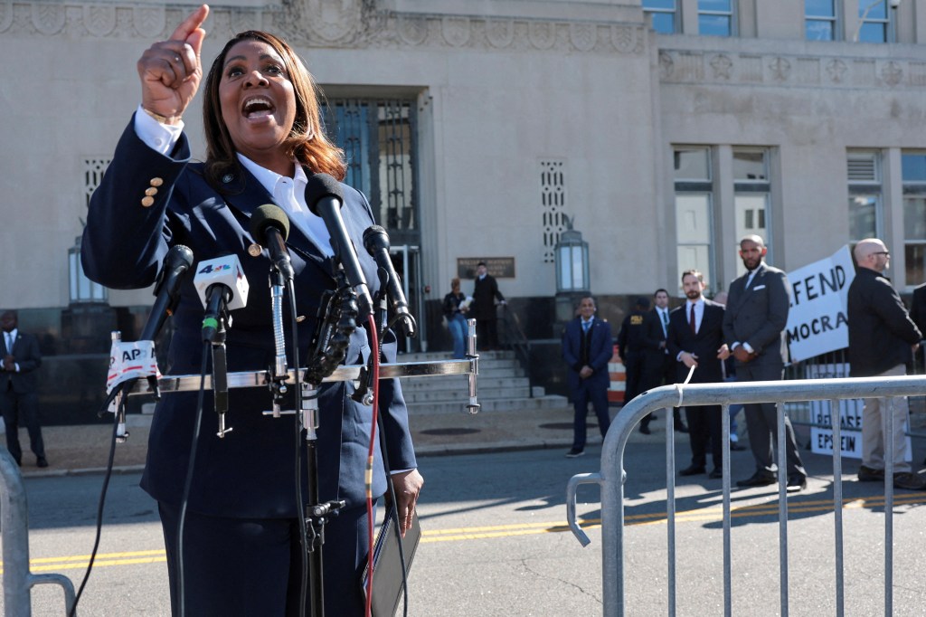 New York Attorney General Letitia James speaks to the media outside the U.S. District Court for the Eastern District of Virginia.