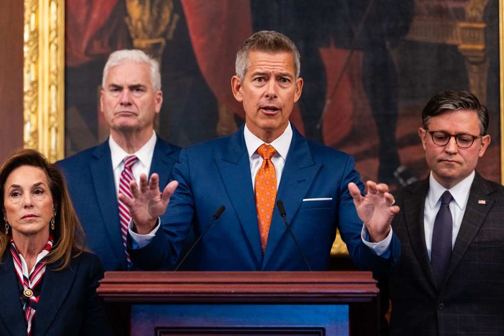 U.S. Secretary of Transportation Sean Duffy speaks at a press conference with Representative Lisa McClain, Representative Tom Emmer, and U.S. Speaker of the House Mike Johnson.