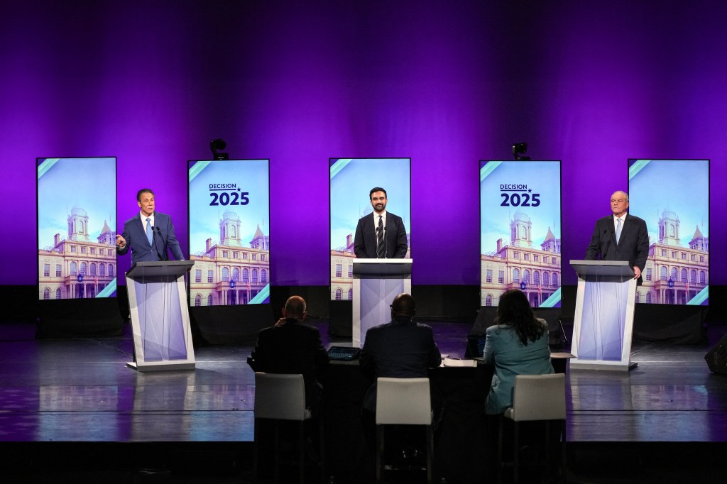 (L-R) Independent candidate and former New York Governor Andrew Cuomo, Democratic candidate Zohran Mamdani and Republican candidate Curtis Sliwa participate in the second New York City mayoral debate.