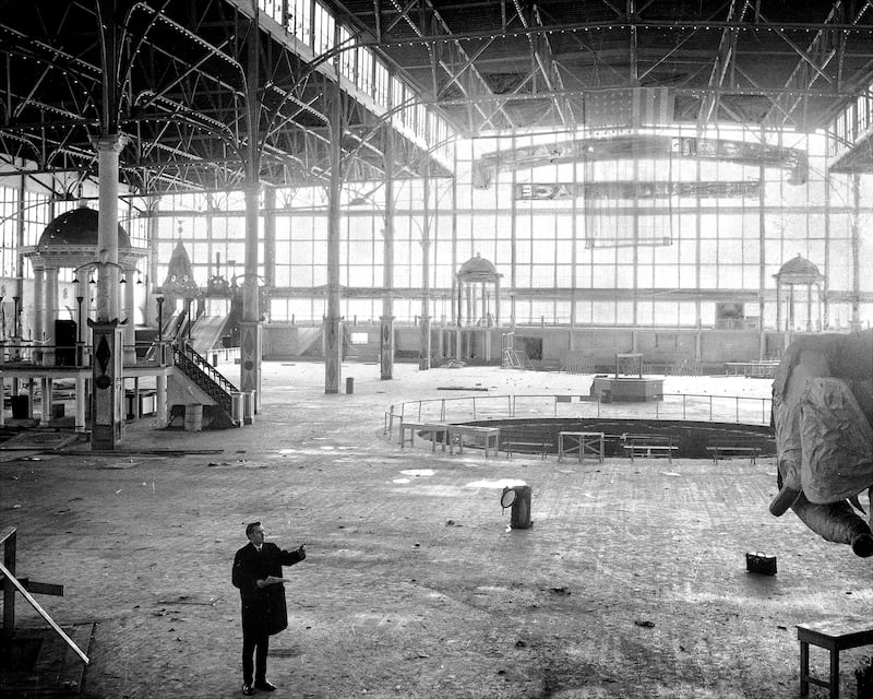 Fred Trump Jr. is the lone occupant in this empty of nearly everything but memories is the shell of the main building once world famous Steeplechase Park. The gaily painted wooden horses that once were a main attraction in the 12-acre amusement complex build in 1897 by George C. Tilyou are gone and sold to a British amusement firm. Coney Island Chamber of Commerce has suggested city operated seaside park and bathing pavilion as a replacement for the old amusement center. Part of site would become 1,000 car parknig field.  (Photo by Leroy Jakob/NY Daily News Archive via Getty Images)