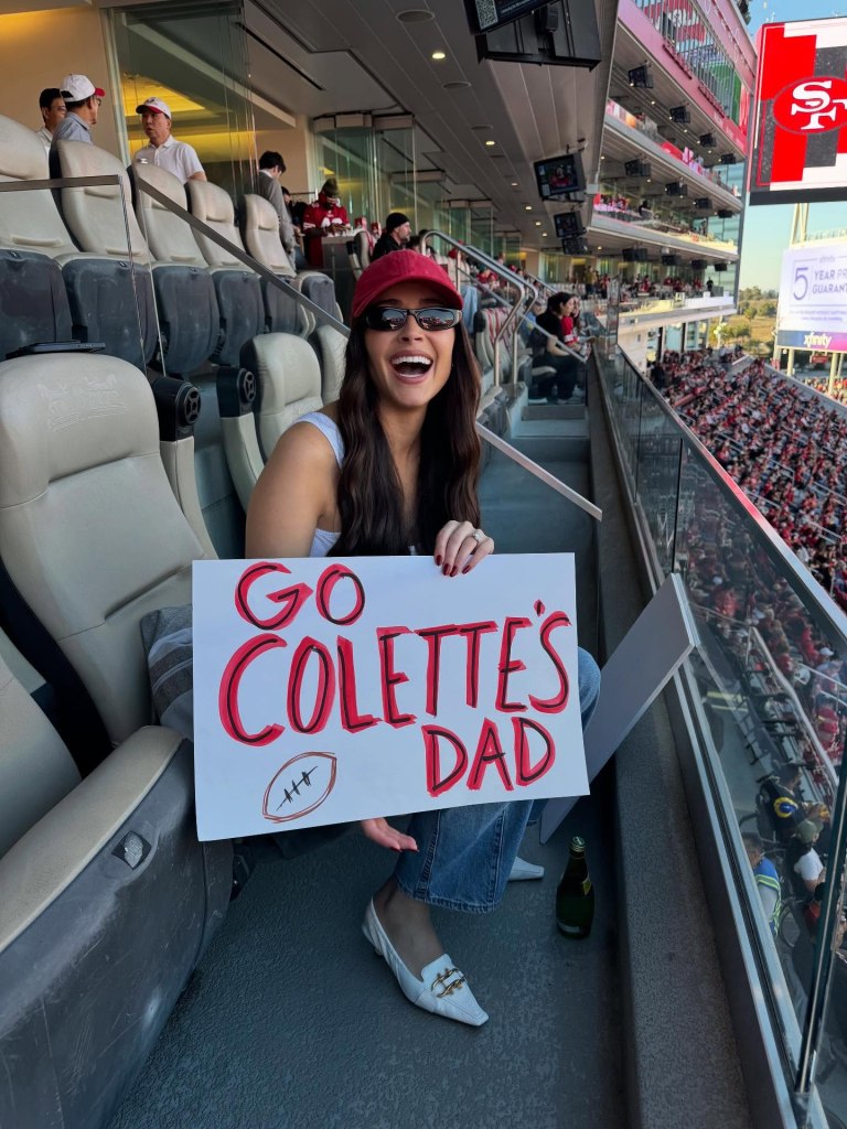 Olivia Culpo and (in spirit)  3-month-old daughter Colette rally behind their guy Christian McCaffrey as he plays for the 49ers.
