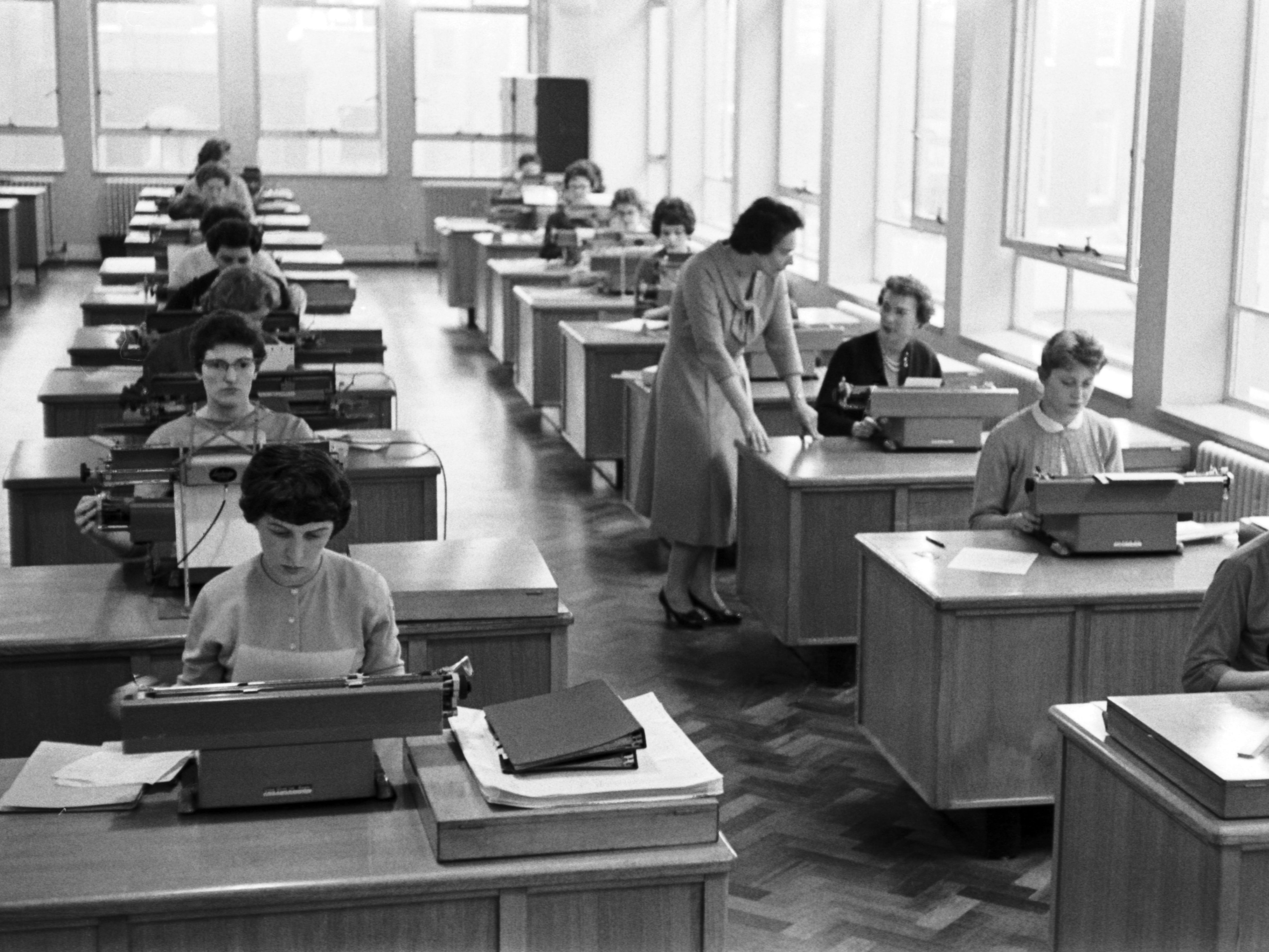 The typing pool at the offices of the retailer Marks and Spencer, Baker Street, London, 7th April 1959.