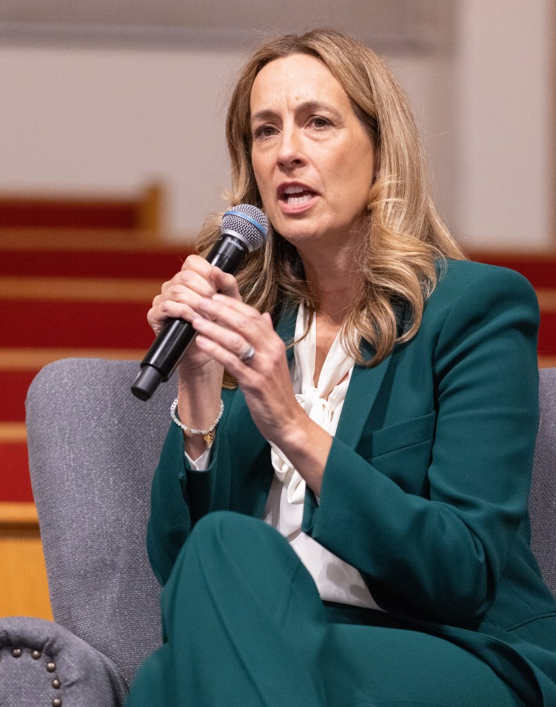 Mikie Sherrill speaking at the Gubernatorial Candidates Forum at Metropolitan Baptist Church of Newark.